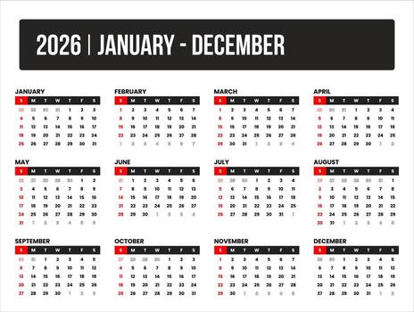 2026 1 year january - december universal calendar design, international format suitable for global use, modern minimal template for print and digital applications vector