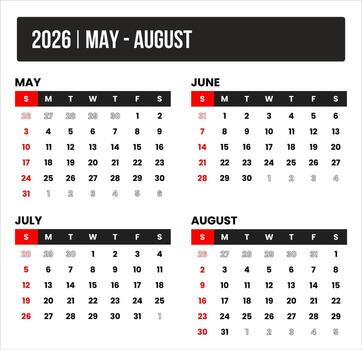 2026 4 months july - august universal calendar design, international format suitable for global use, modern minimal template for print and digital applications vector