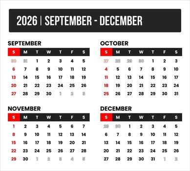 2026 4 months september - december universal calendar design, international format suitable for global use, modern minimal template for print and digital applications vector