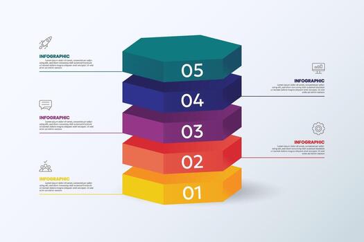 3D hexagonal infographic stacked in 5 layers vector