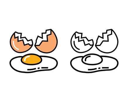 Two fried egg and broken eggshell icons present isolated against a white backdrop vector