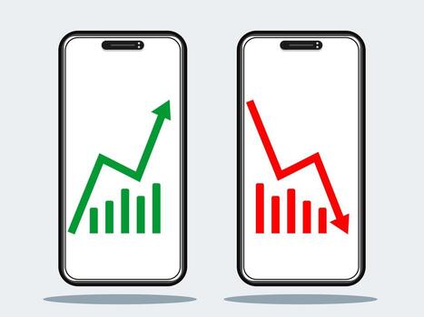 Smartphone Screen with Green Up and Red Down Bar Chart for Stock Market Analysis vector