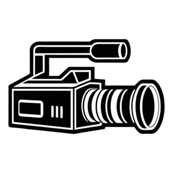 Icon of a vintage camera with a large lens and handle for filmmaking and photography vector