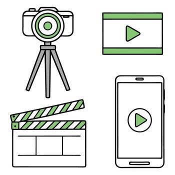 Camera tripod play button screen and smartphone icons for photography and videography production vector