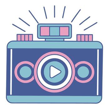 Retro digital camera icon with play button and flash for photography and videography vector