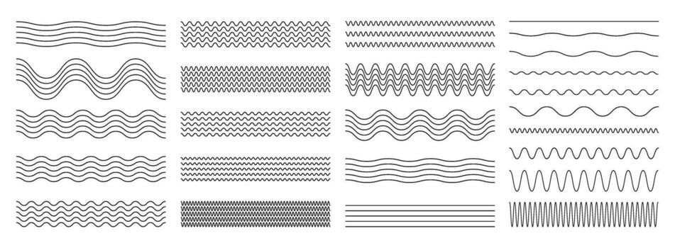 Corrugated Waves line set. Isolated zigzag, Wave ornament pattern, horizontal underline, wavy, billowy, thin line. Not AI vector