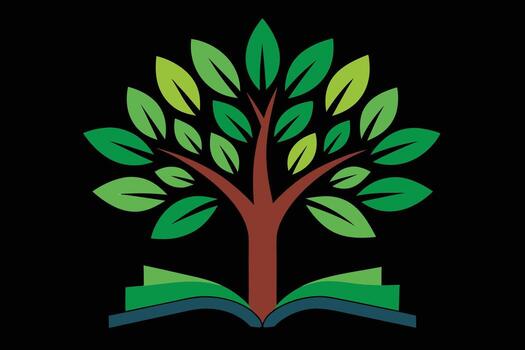 Stylized tree growing from an open book on black background vector
