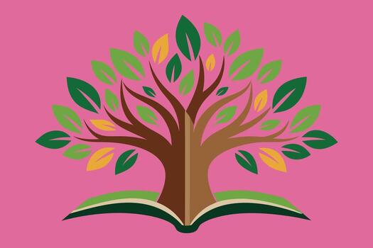 Tree growing from an open book on pink background knowledge vector