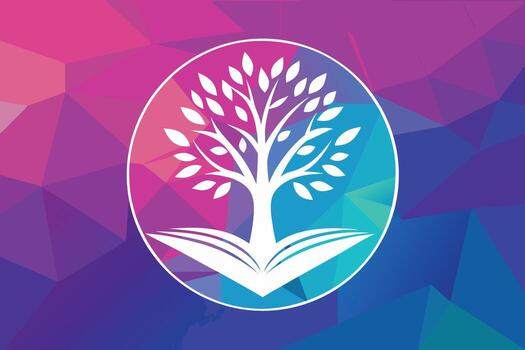 White tree of knowledge growing from an open book on a colorful geometric background vector