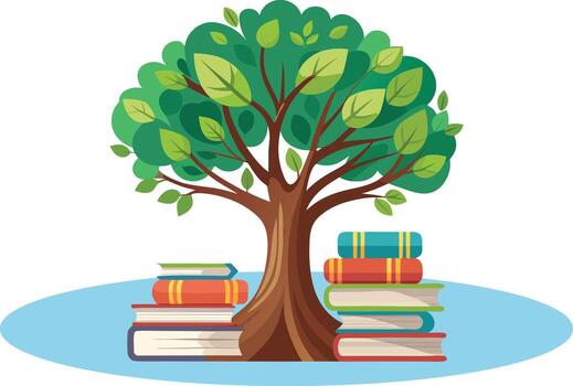 árbol de conocimiento con apilado libros aprendizaje educación vector