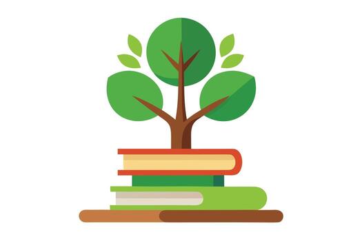 Tree of Knowledge Growing from Stack of Books on White Background vector