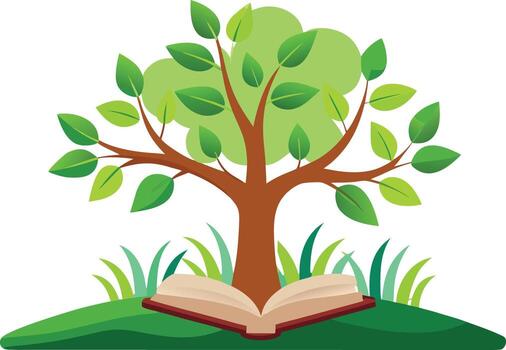 abierto libro a el base de un árbol en verde césped leyendo vector