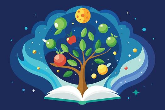 Open Book with Tree of Knowledge and Celestial Fruits vector