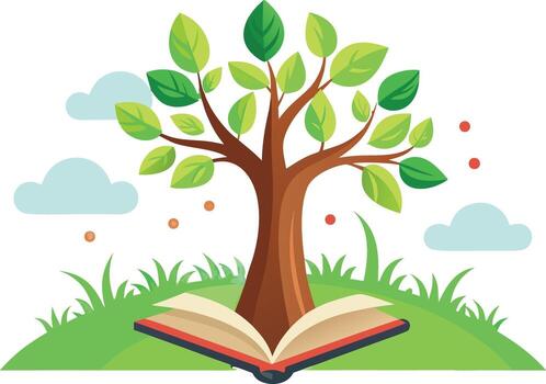 Tree of knowledge with open book and clouds reading vector