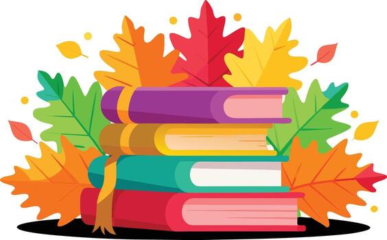 Stack of colorful books with autumn leaves reading vector
