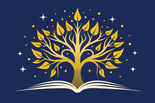 dorado árbol de conocimiento en abierto libro debajo estrellado cielo vector