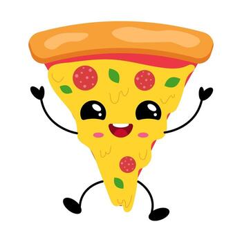 Kawaii pizza character with a cheerful expression and playful pose, perfect for fun designs vector