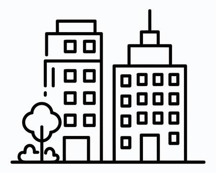 Black and White Outlined Cityscape Illustration Featuring Two Buildings with Multiple Windows and a Simple Tree in Front Conveying Urban Simplicity vector