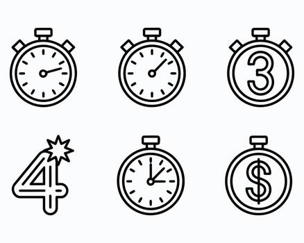 Collection of Creative Stopwatches and Timers with Various Themes Representing Time Management Deadlines and Financial Aspects in a Minimalist Outline Style vector