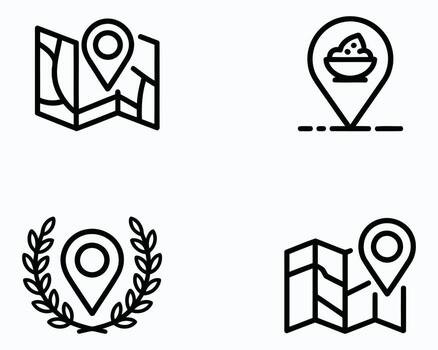 Four Unique Black and White Icon Illustrations Featuring Location Pins and Maps for Wayfinding Applications with Laurel Decoration and Food vector