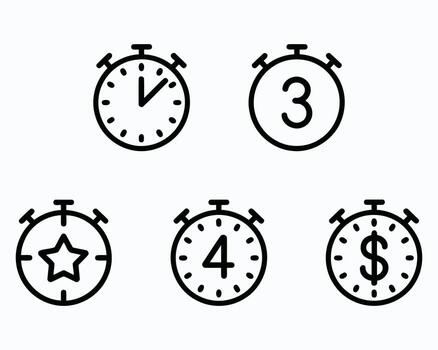 Illustrative Stopwatch Icons Depicting Time Based Concepts Such as Deadline Three Four Star and Dollar Representing Speed Urgency and Reward vector