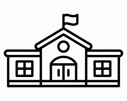 Striking Architectural Design of a Traditional School Building Featuring a Central Structure and a Flag on Top with Distinct Windows vector