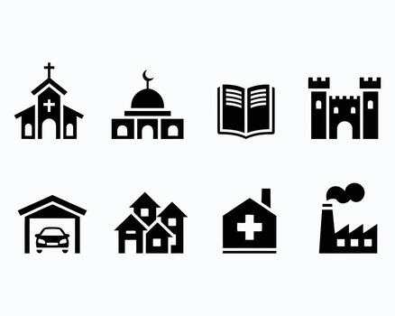 Diverse Architectural Icons Representing Community Resources Worship Knowledge Security Housing Healthcare and Industry Enhancing Visual Communication for Informational Purposes vector