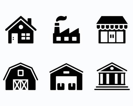 Diverse Building Icons Representing Community Infrastructure From Houses to Factories, Shops and Government Structures Depicted in Art vector