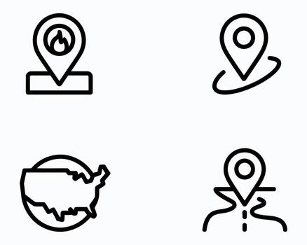 Various Location and Geography Icons Depicting US Map Flames Location Pin and Road Location Pin Emphasizing Mapping and Navigation Related Concepts vector