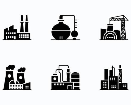 Illustrations of Varied Industrial Facilities Depicting Different Types of Factories with Distinct Designs and Structural Elements on Plain White Background vector
