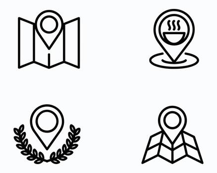 Location Icon Set A Collection of Navigation Symbols Pointers Emblems and Markers Featuring a Restaurant Laurel Wreath and Various Map Designs vector