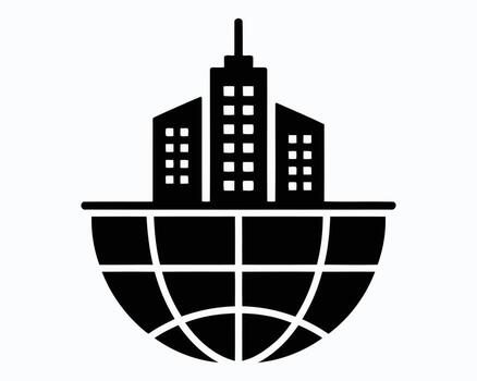 Global Urbanization Icon Showing Buildings Resting on a Globe Representing Worldwide Development and Metropolitan Growth, International Business and Collaboration vector