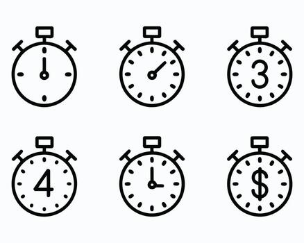 un colección de Temporizador íconos mostrando variado hora intervalos numérico dígitos y un dólar firmar símbolo en un limpiar blanco antecedentes vector
