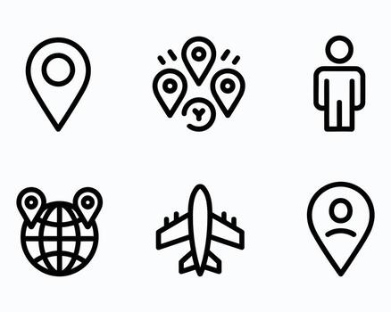 ilustrativo iconografía representando navegación, viajar, y usuario perfil con ubicaciones, aire transporte, y individual usuario representaciones para orientación y tecnológico interfaces vector