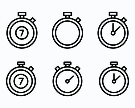 Collection of Timer and Stopwatch Icons Displaying Different States of Time Progression and Measurement Depicted with Consistent Line Style Design vector