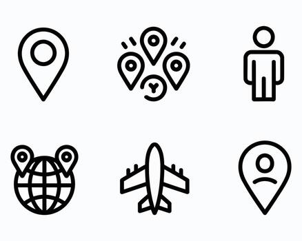 Collection of Travel and Navigation Icons Featuring Location Pins, Globe, Airplane, and User Representing Journey Planning and Exploration Concepts vector