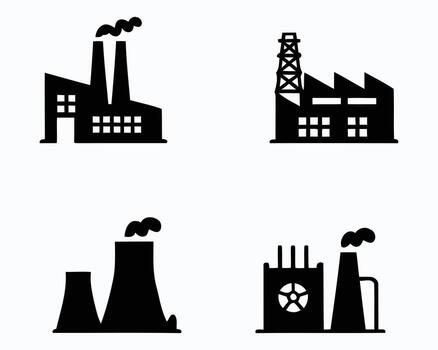 Collection of Factory Icons Displaying Industrial Buildings and Smoke Stack Designs with a Modern and Simplified Aesthetic Presentation of Manufacturing vector