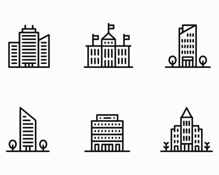 arquitectónico íconos mostrando edificios tal como rascacielos y gubernamental edificios presentando sencillo negro y blanco diseños ese enfatizar geométrico minimalismo vector