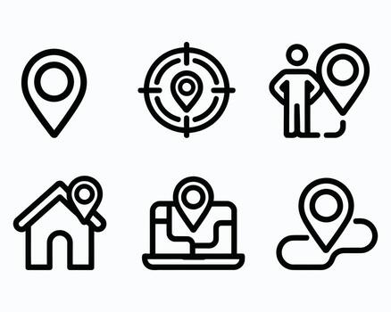 Collection of Six Different Map Pointer Icon Designs Presenting Location Target Home Travel Navigation and User Location in Unique Artistic Black Line Art vector