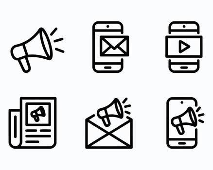 A set of icons that include a phone, email, and a megaphone vector