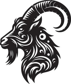 Intricate black goat head silhouette adorned with elaborate swirling decorative patterns on a clean white background vector