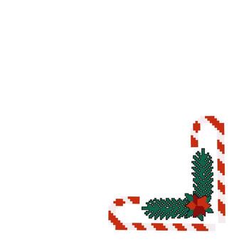 Festive candy cane frame with pixel art evergreen and red bow on white background vector