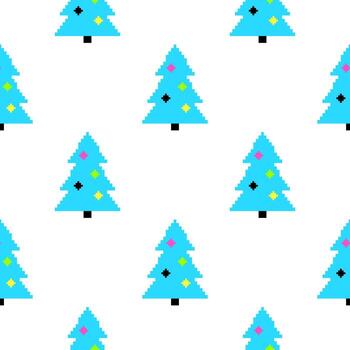 Seamless pixel art Christmas trees pattern on white background for festive design vector