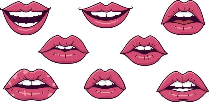 rosado labios conjunto con varios expresiones y abierto boca ilustración para diseño y comunicación propósitos vector