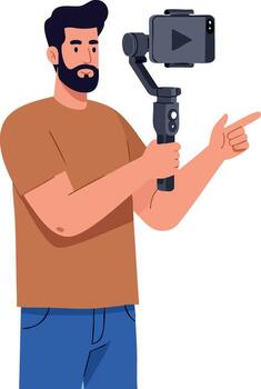 Man recording with smartphone stabilizer handheld device for vlogging content creation and social media influence vector