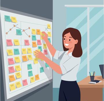 Woman organizing colorful sticky notes on board in modern office workspace with window background smiling and focused vector