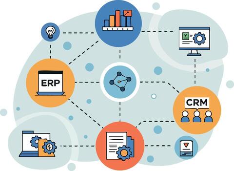 Enterprise resource planning and customer relationship management system integration illustration with connected icons and data flow vector