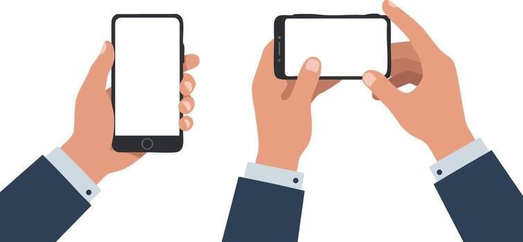 Hands holding smartphone in vertical and horizontal positions digital device illustration vector