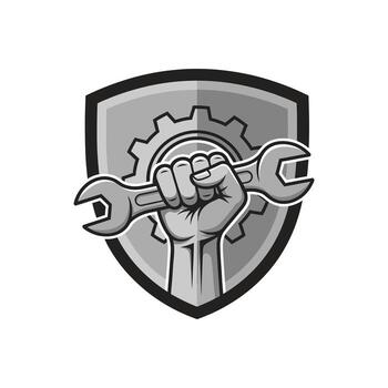 Fist holding wrench with gear and shield in the background. vector