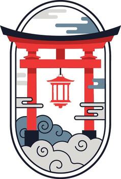 Japanese Torii Gate with Lantern and Clouds. vector